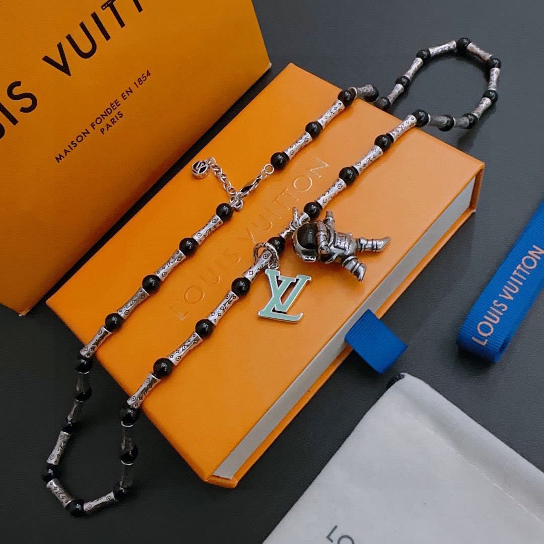 Louis Vuitton Silver and Black Beaded Necklace with Astronaut Charm